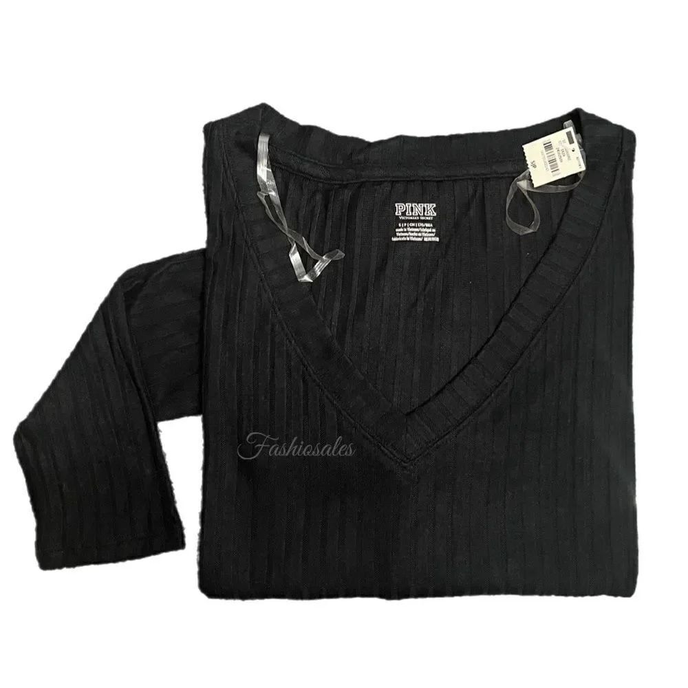 Victorias Secret Pink Supersoft Cozy Ribbed Thermal V-neck Pullover top black S
